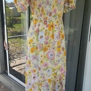 Crystal Doll Hi Low Smocked Short Puff Sleeve Dress Yellow/Multi Floral Medium